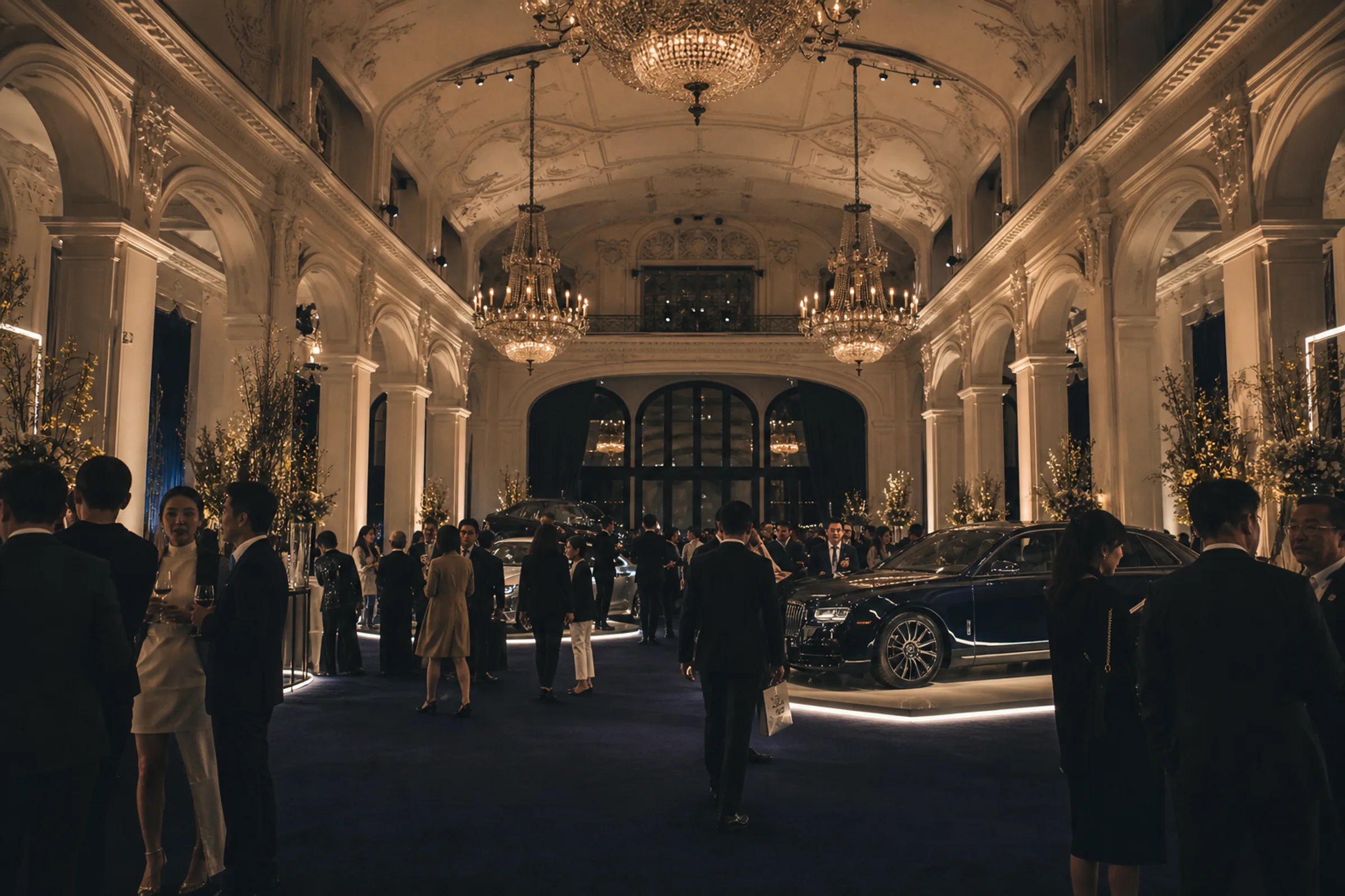 Art-deco ballroom prepared for an evening gala dinner