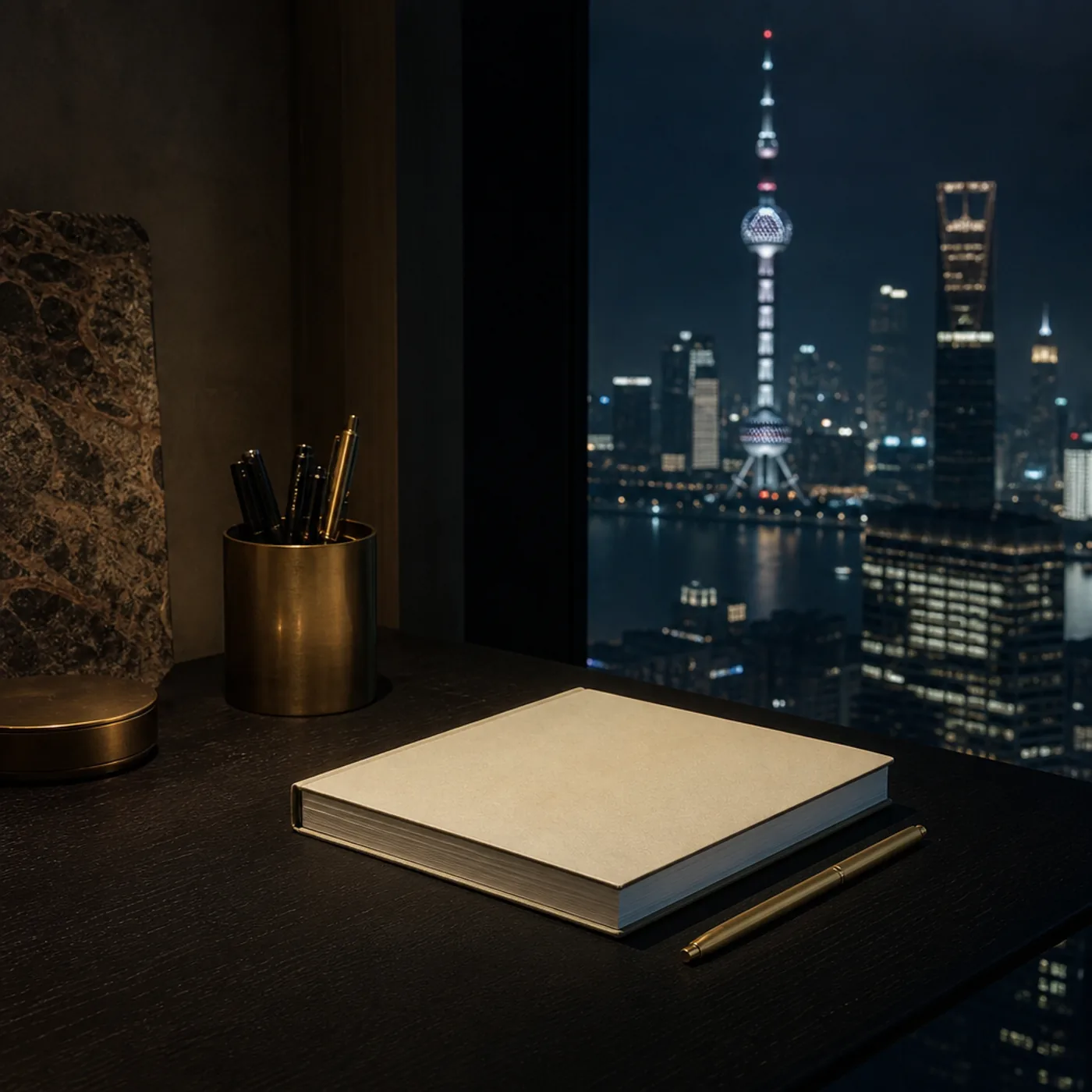 Project notebook against evening Shanghai