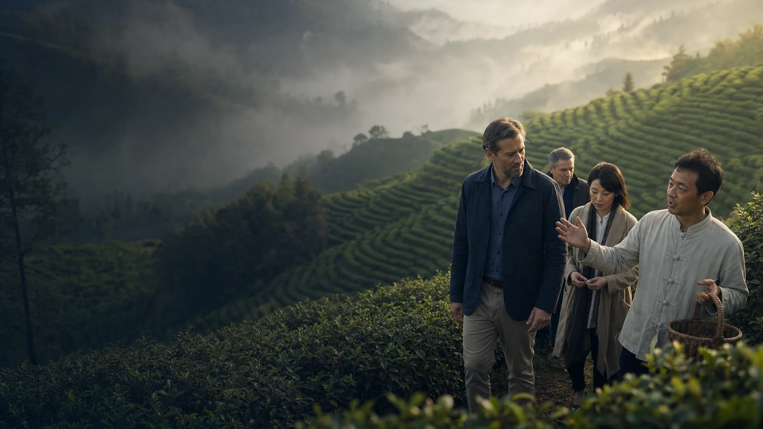 Family with local host walking toward a lodge in China’s tea mountains