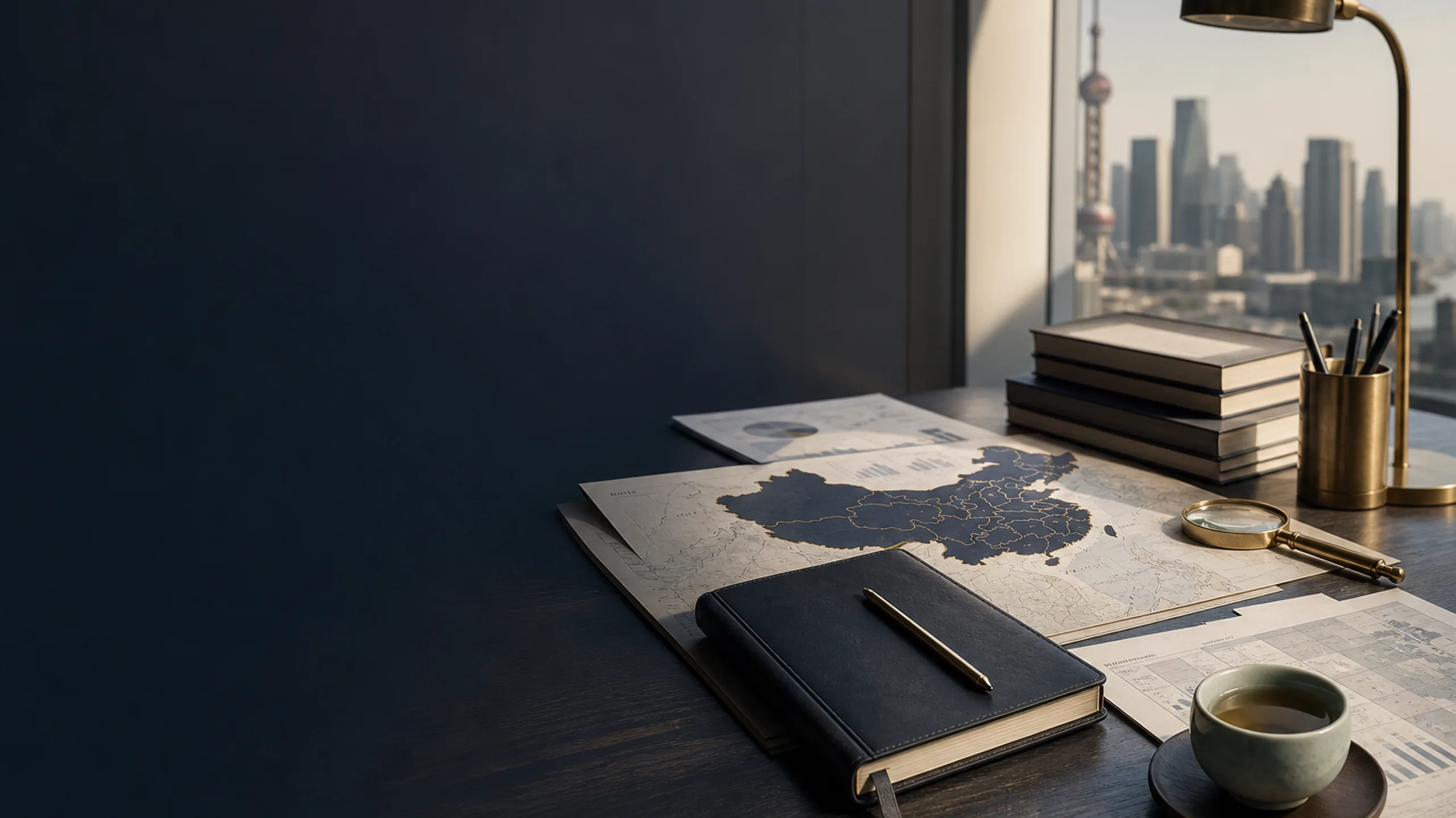 Editorial desk with a map of China and field research materials