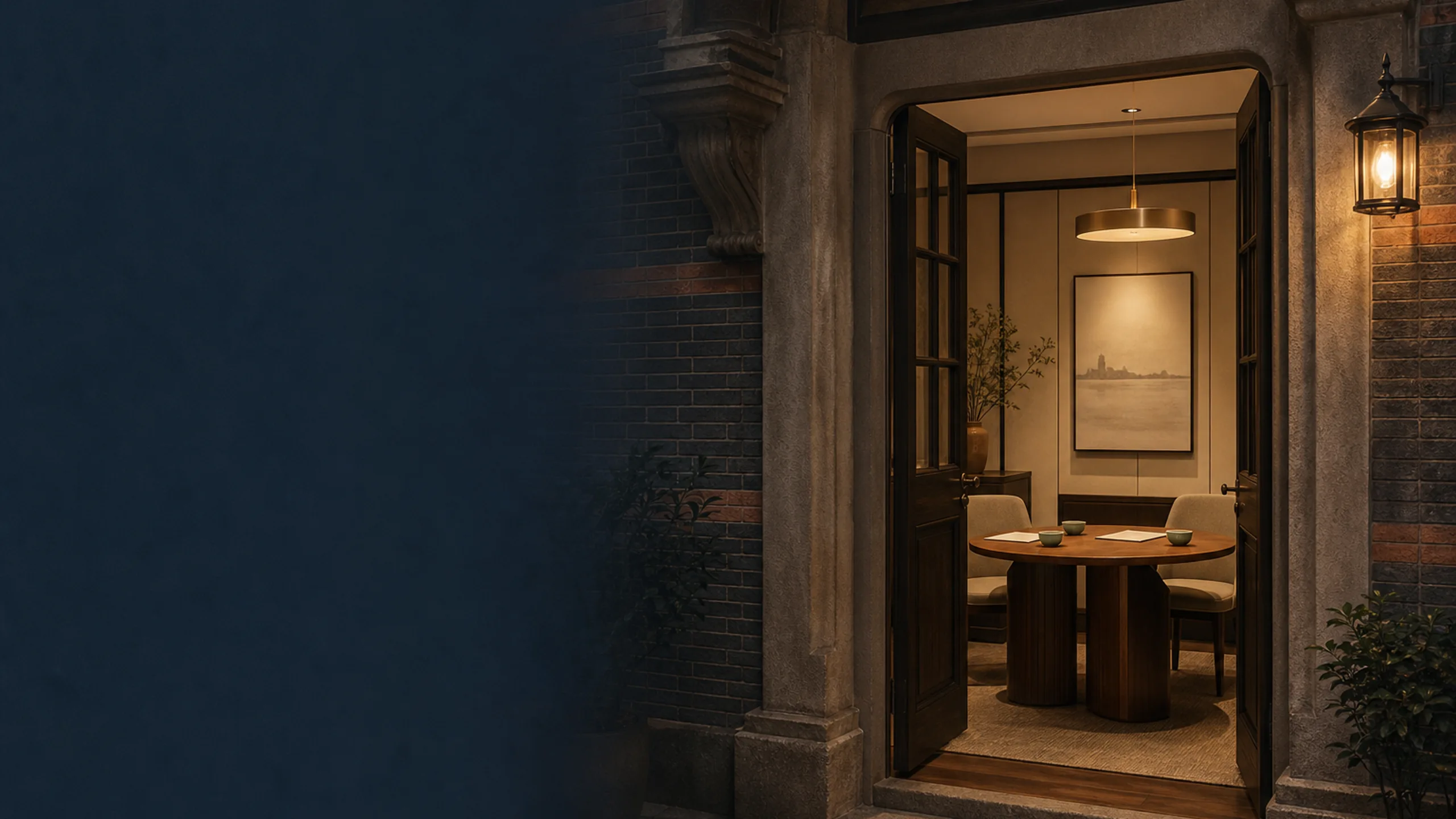 Private meeting room for a first conversation with evening Shanghai views