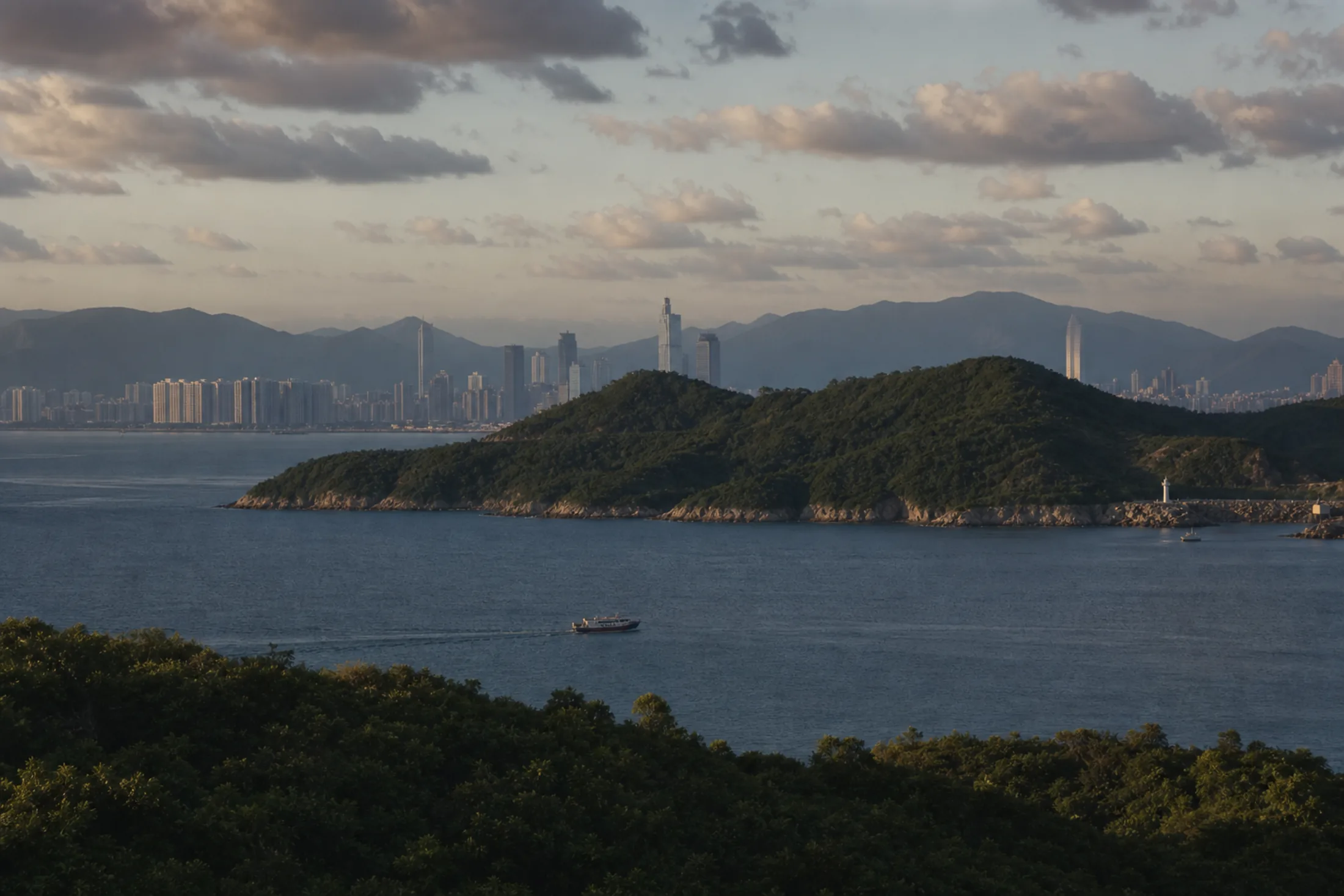 Hong Kong harbour and green slopes